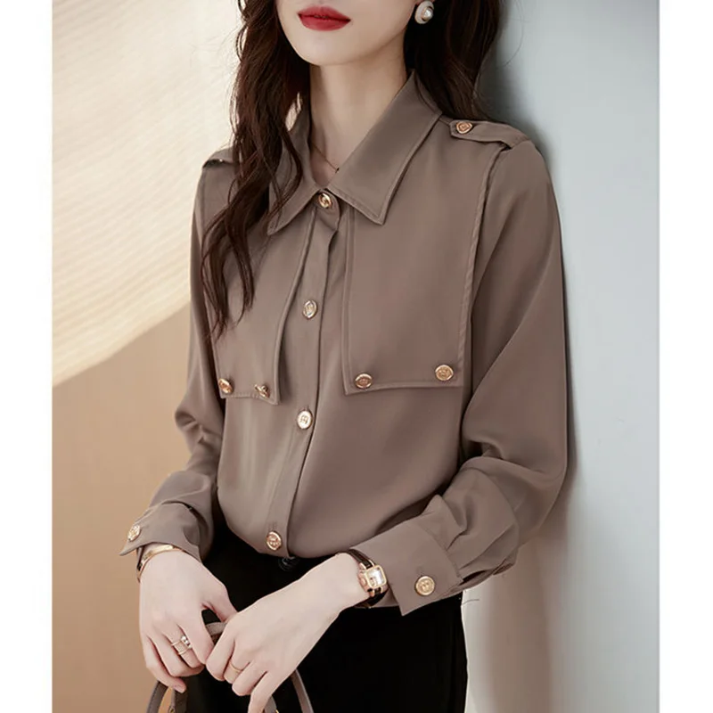 Fashion Lapel Button Solid Color All-match Shirt Female Clothing 2023 Autumn New Casual Tops Loose Office Lady Blouse