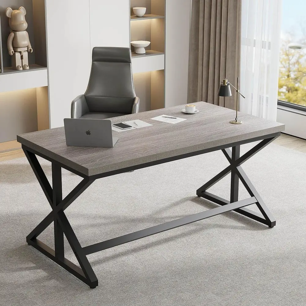 مكتب Gray Oak 47 على طراز المزرعة: محطة عمل واسعة للألعاب والمكتب مع خشب ريفي ومعدن #6