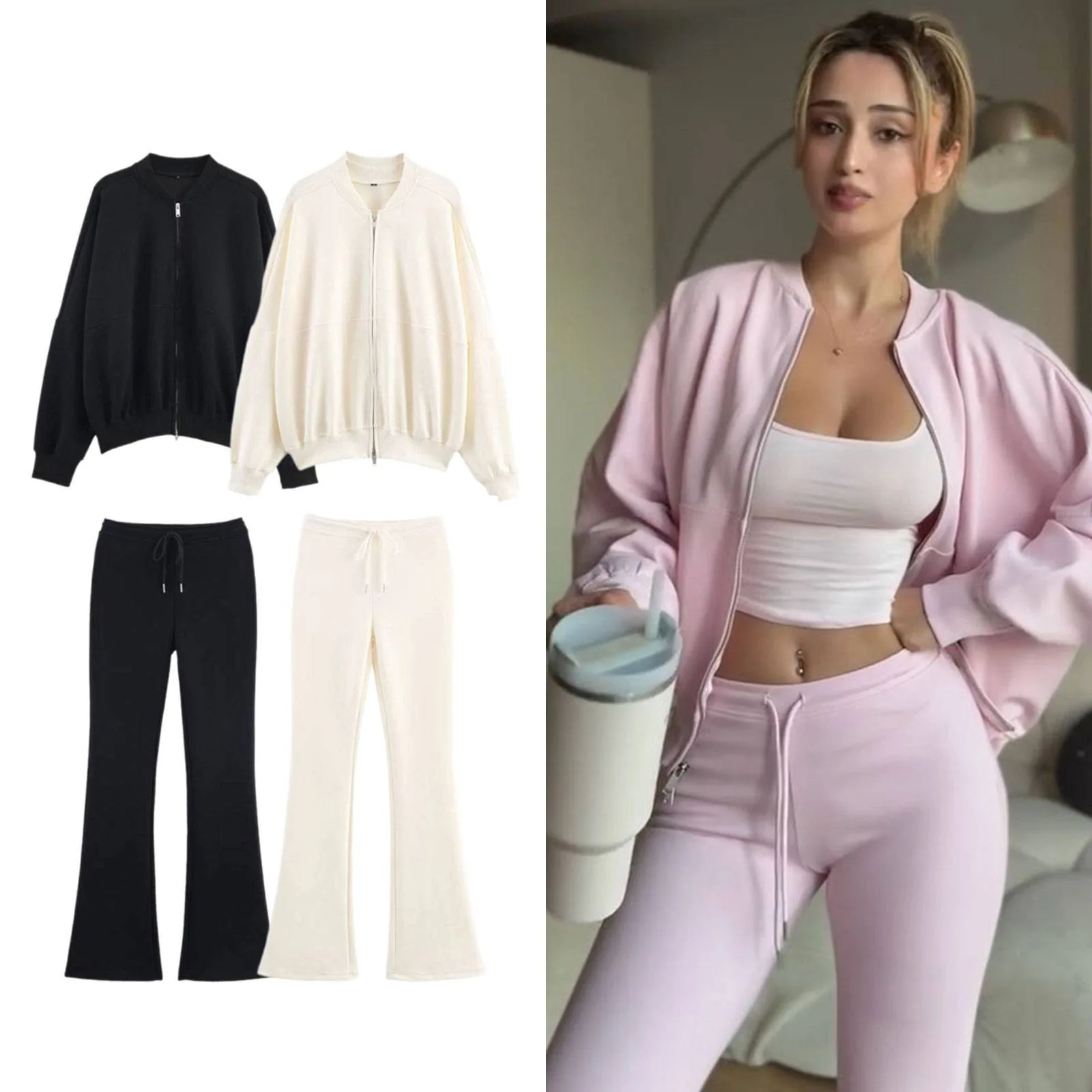 

Women's Spring/Autumn Casual Simple Solid Color Pilot Jacket with Fashionable Sports Style High-Waist Flared Pants Two Piece Set