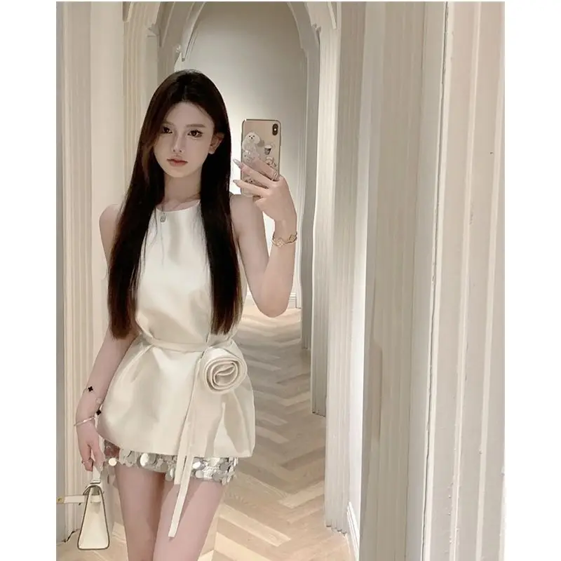 

Summer Women Clothing Handmade 3D Rose Belt Temperament Tank Top Spicy Girl Sequin Short Skirt Sets Two Piece Set Women Outfits