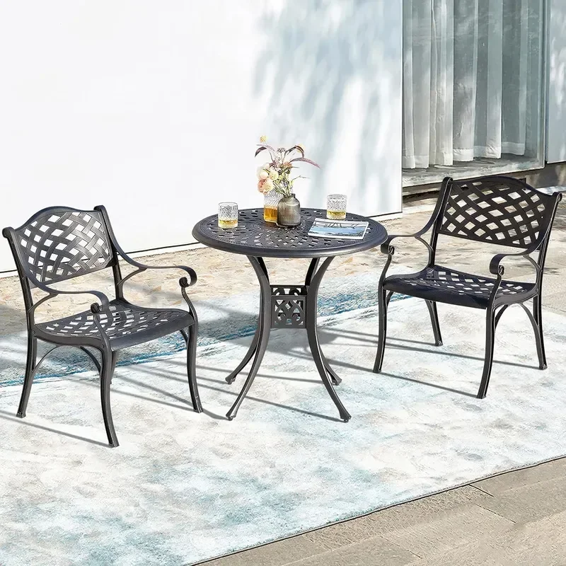 3 Piece Outdoor Cast Aluminum Bistro Table Set Rustproof Table and Chairs with Umbrella Hole for Backyard Balcony Front Porch