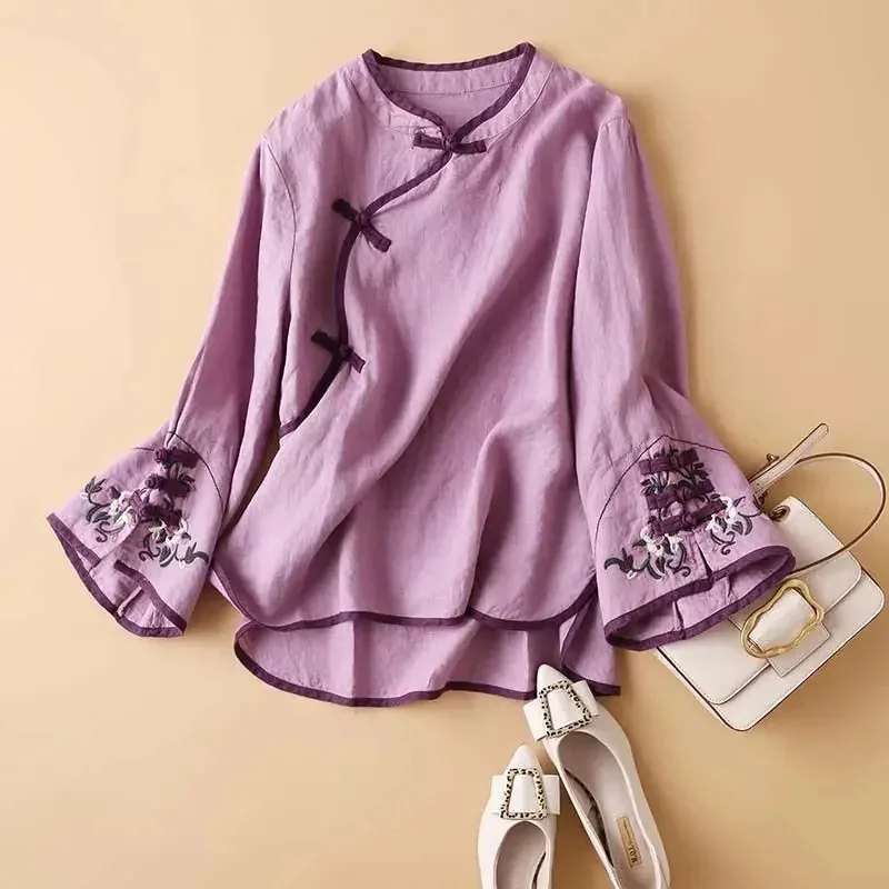 Sky02 الصينية التقليدية تانغ دعوى بلوزة المرأة التطريز القطن والكتان المعتاد طويلة الأكمام السيدات رداء علوي غير رسمي Hanfu C88Li #4