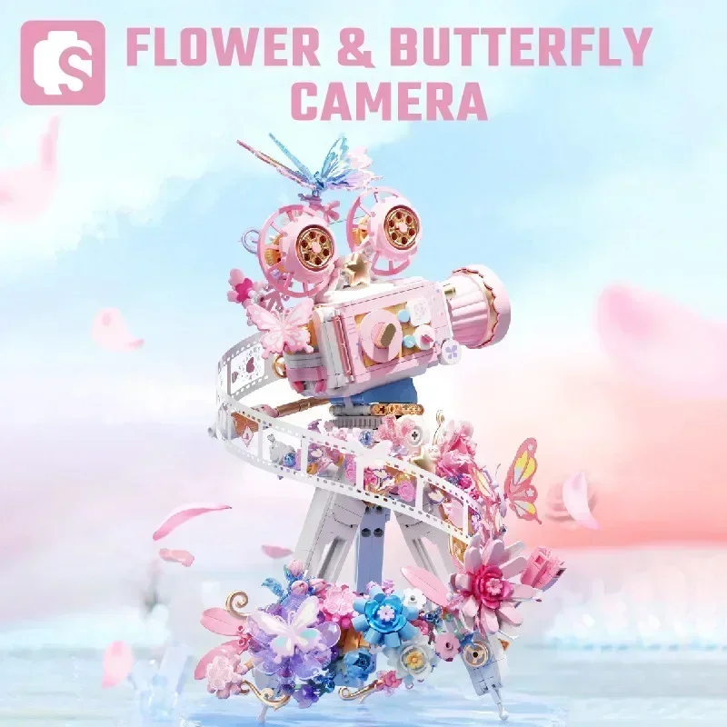 

SEMBO 1109PCS Romantic Butterfly Flowers Cineprojector MOC Vintage Camera Building Blocks Set Girls DIY Model Ornaments Toys