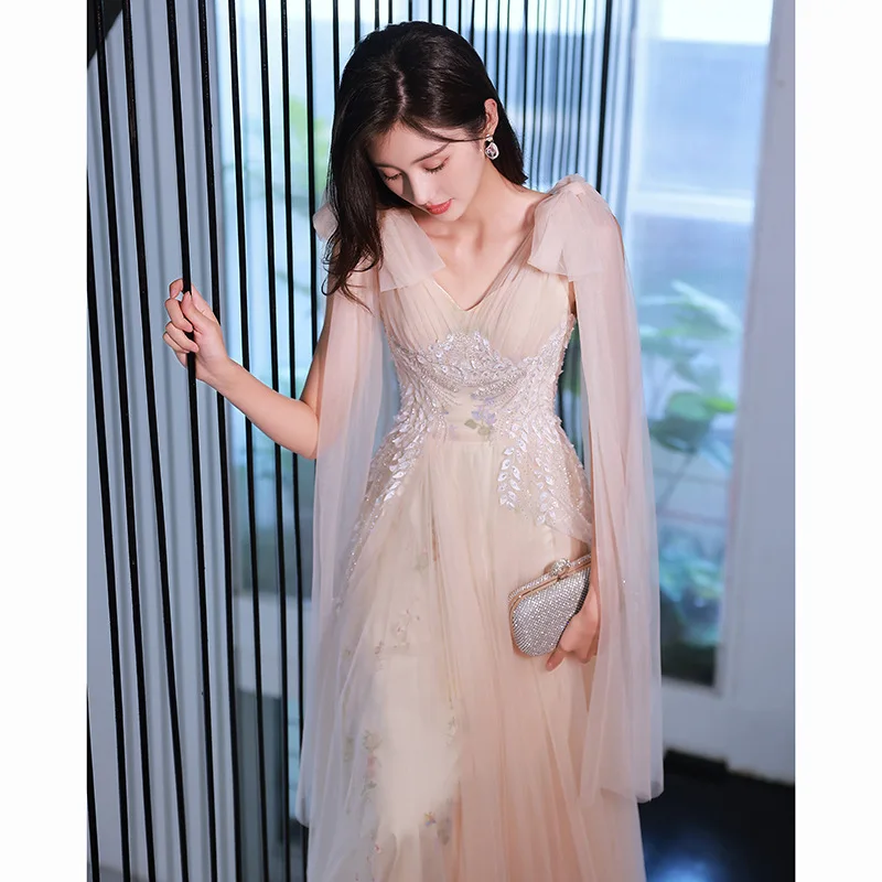 

Elegant Pink Tulle Evening Dress Ribbon Spaghetti Straps V-Neck Luxurious Appliqués Floor-Length Birthday Party Dresses