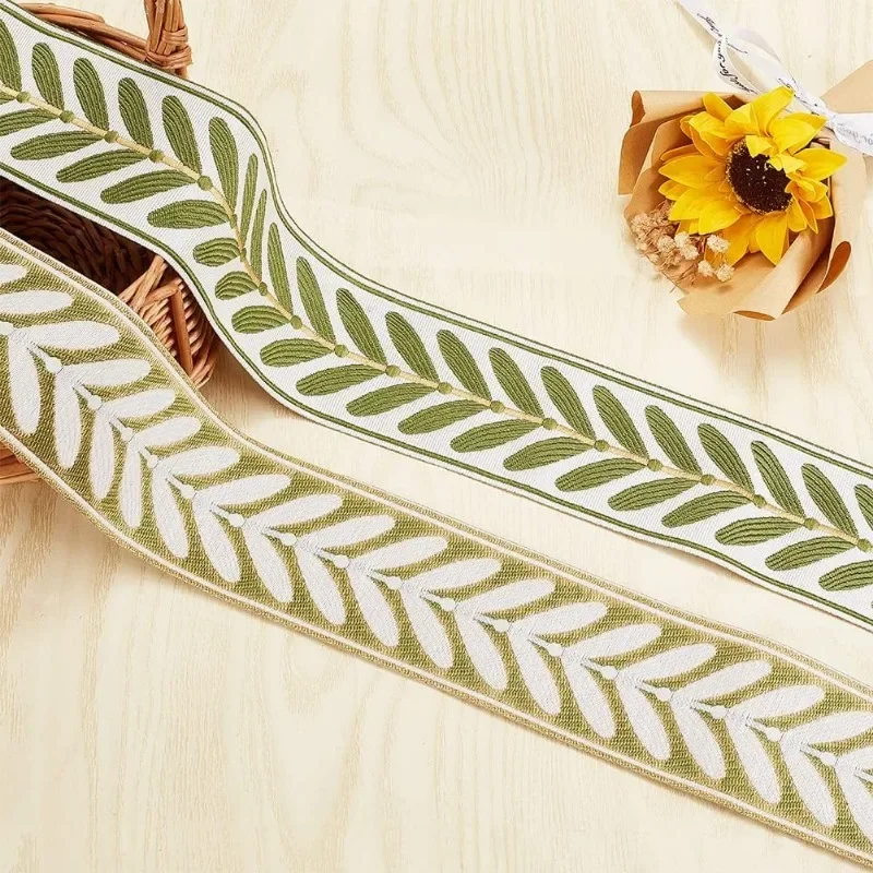 10.9Yards Jacquard Ribbon Trim 2.4 Inch Leaf Pattern Jacquard Polyester Ribbons White Green Leaf Jacquard Woven Embroidery Trim