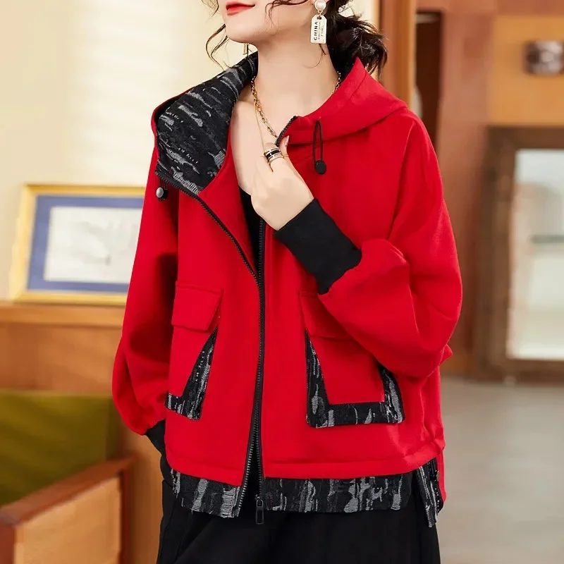Pop Pop With Lining Jackets 2025 Spring And Autumn Lady's New Coat Hooded Splicing Plus Size Loose Wild Bat Sleeve Jacket Female