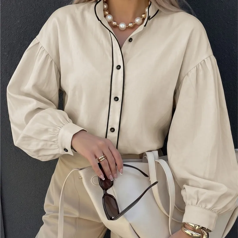 Autumn Elegant Stand Collar Contrast Color Long Sleeve Shirt Office Lady Single-Breasted Woman Blouse Street Chic Tops Clothing
