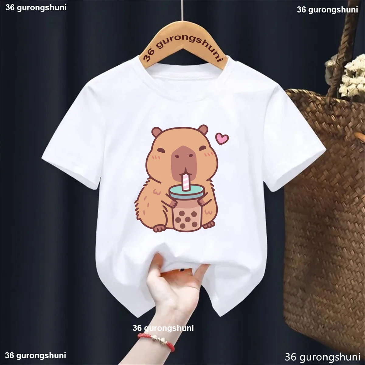 Cute Capybara Loves Orange Juice Printed T Shirt Girls/Boys Kawaii Kids Clothes Funny Solid Tshirt Summer Tops Fashion T-Shirt