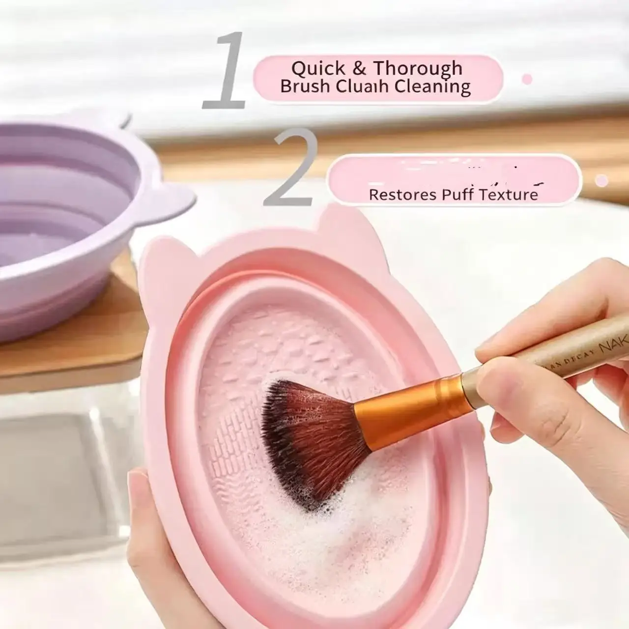 Cute Ear‑Shaped Collapsible Silicone Makeup Brush Cleaning Bowl Foldable Washing Bowl for Makeup Brushes Beauty Blender Portable
