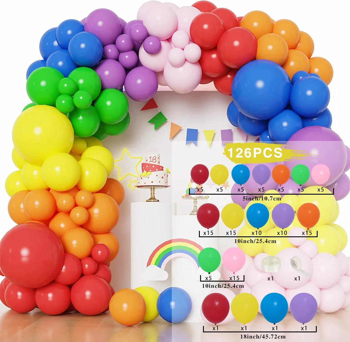 Buntes Regenbogen-Ballon-Girlanden-Set, mehrfarbige Latex-Ballons, Dekoration für Hochzeit, Geburtstag, Brautparty, Gastgeschenke, Party – Detail 8