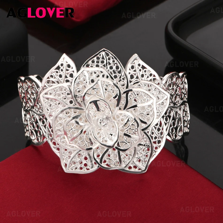 

AGLOVER 925 Sterling Silver Hollow Flower Opening Bracelet Women Cute Noble Anniversary Gift Jewelry