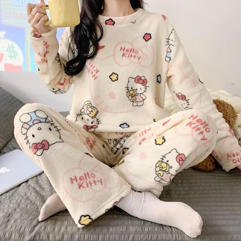 2 Stuks Hello Kittys Pyjama Set Anime Sanrios Leuke Meisje Pluche Nachtkleding Dikker Warme Vrouwen Casual Thuis Kleding Student nachtkleding