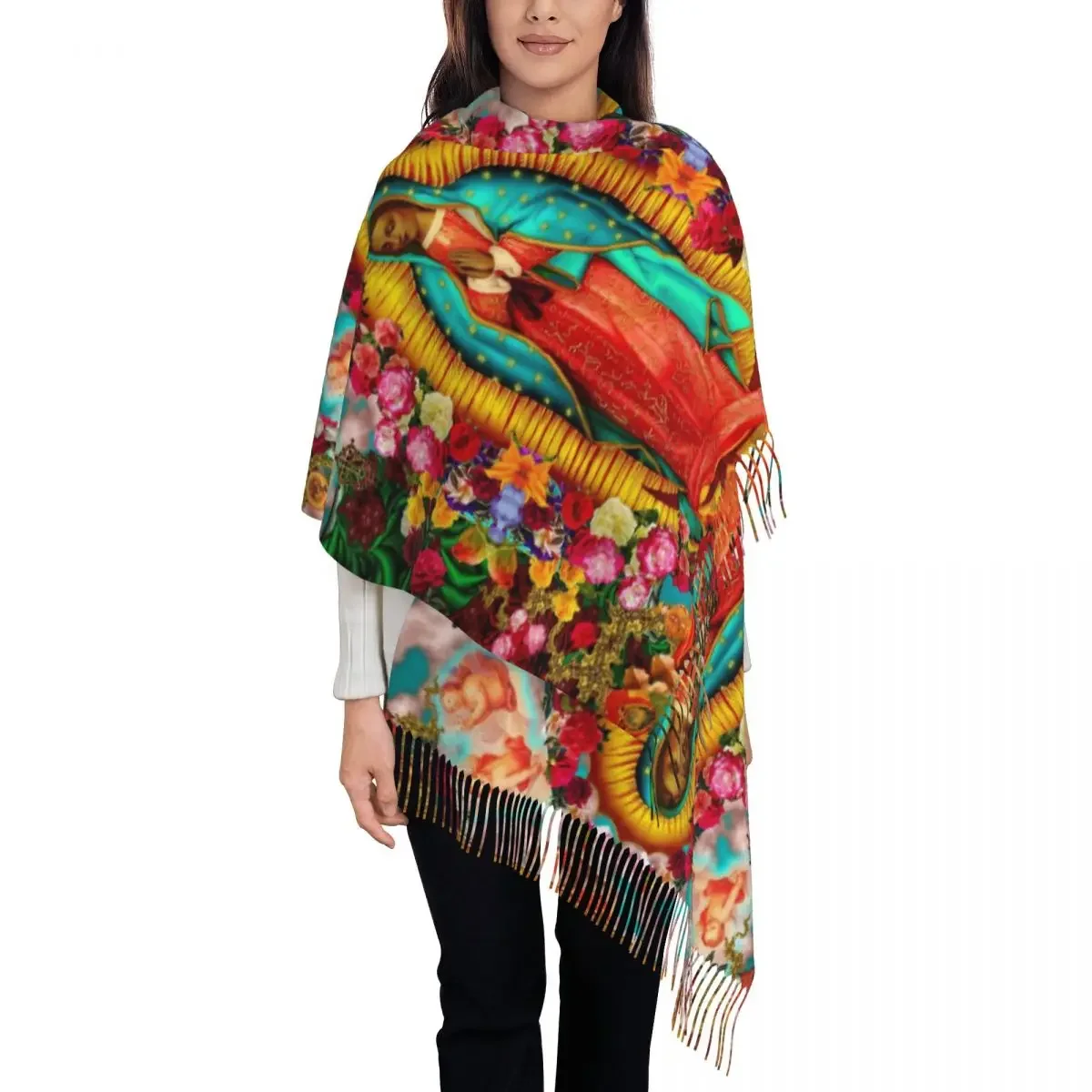 Virgin Mary Shawl Wrap for Women Winter Warm Large Soft Scarf Our Lady of Guadalupe Christian Reversible Tassel Scarves