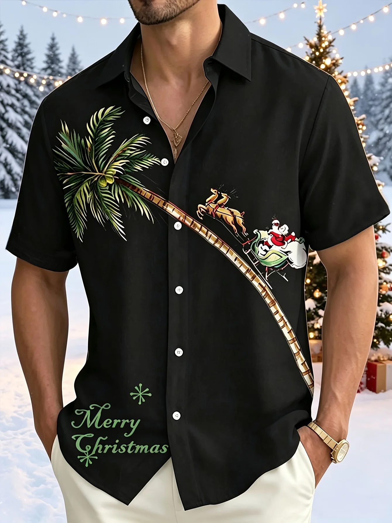Trendy Men Button‑Up Shirt Black Tropical Christmas Palm Santa Sleigh Art Print Polyester Beach Party Casual