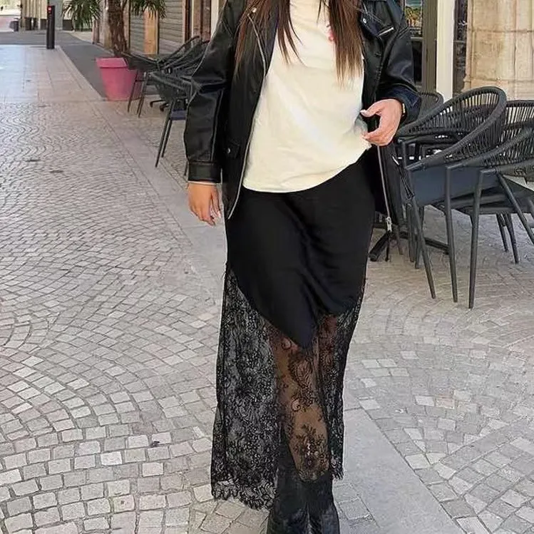 Gonna elegante patchwork in pizzo a vita alta Faionable Gonna longuette da donna trasparente in tessuto poliestere aderente con cerniera laterale