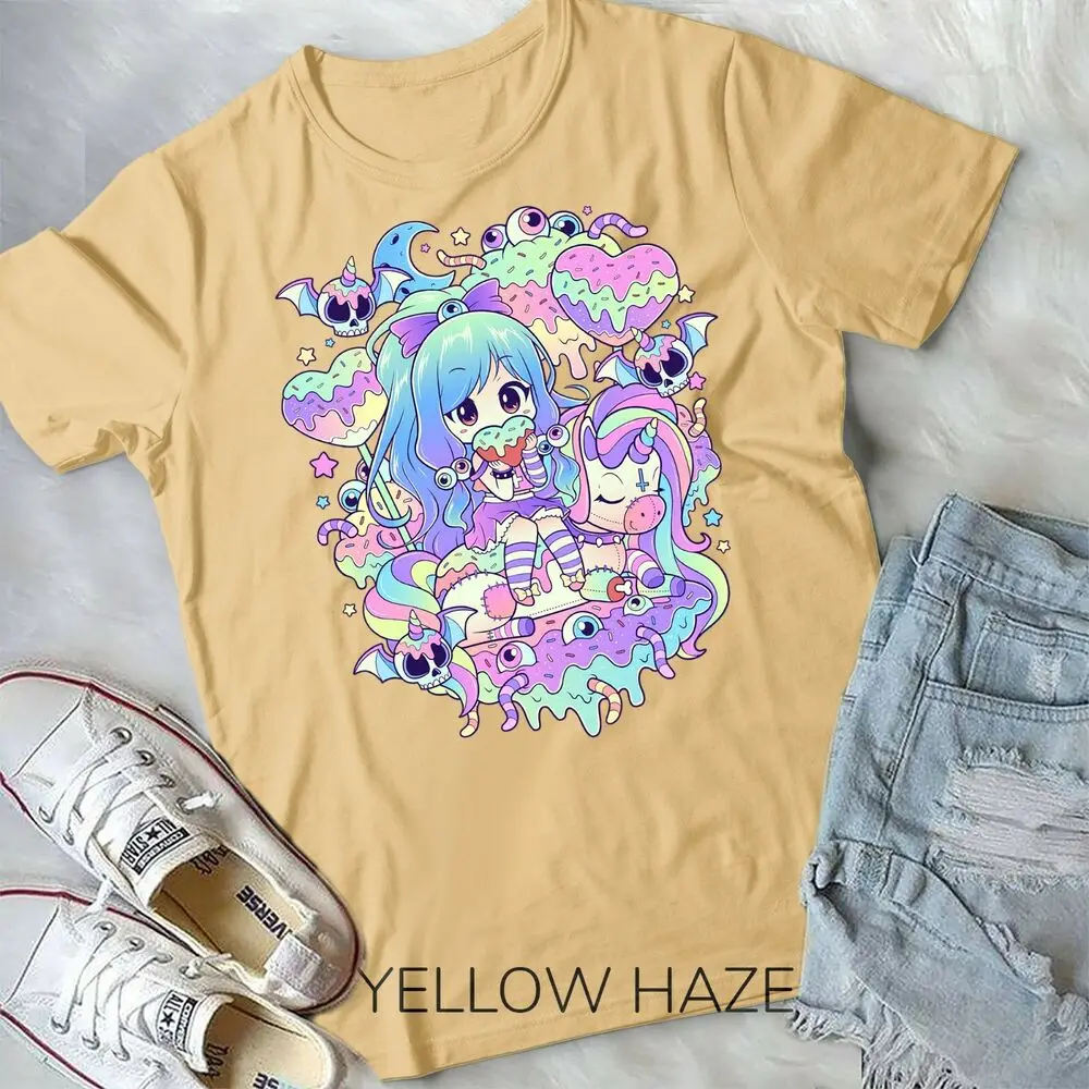 Kawaii Pastel Goth Cute and Creepy Girl Unicorn Rainbow Unisex Form T-shirt High Quality 100%Cotton Short Sleeve