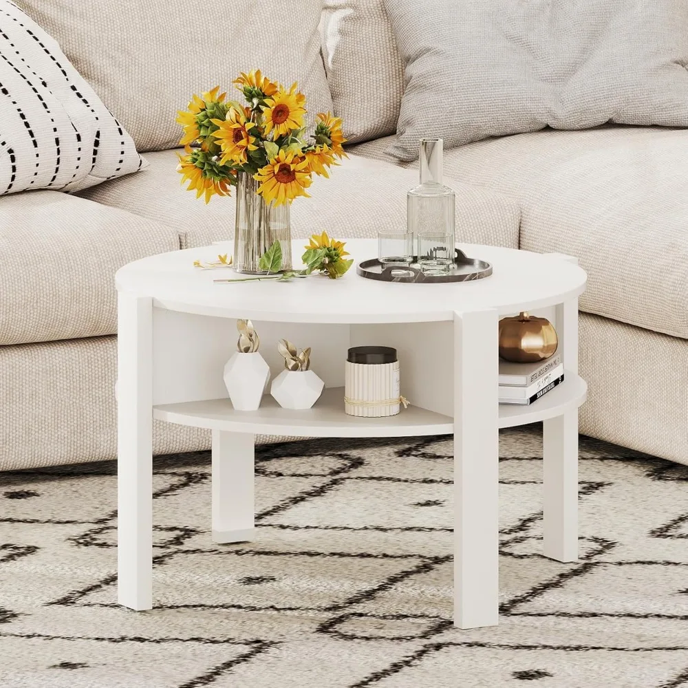 

Round Coffee Table with Storage, 29.5” Wooden Center Table with 4 Open Compartments, Modern Accent Tea Tables, 2-Tier Circle Co