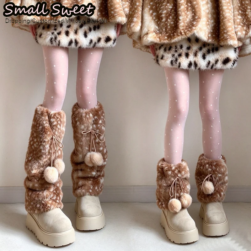 Cute Forest Deer Print Christmas Elk Spotted Plush Lolita Slouch Leg Warmers Women Autumn Winter JK Soft Pom Pom Sock Covers