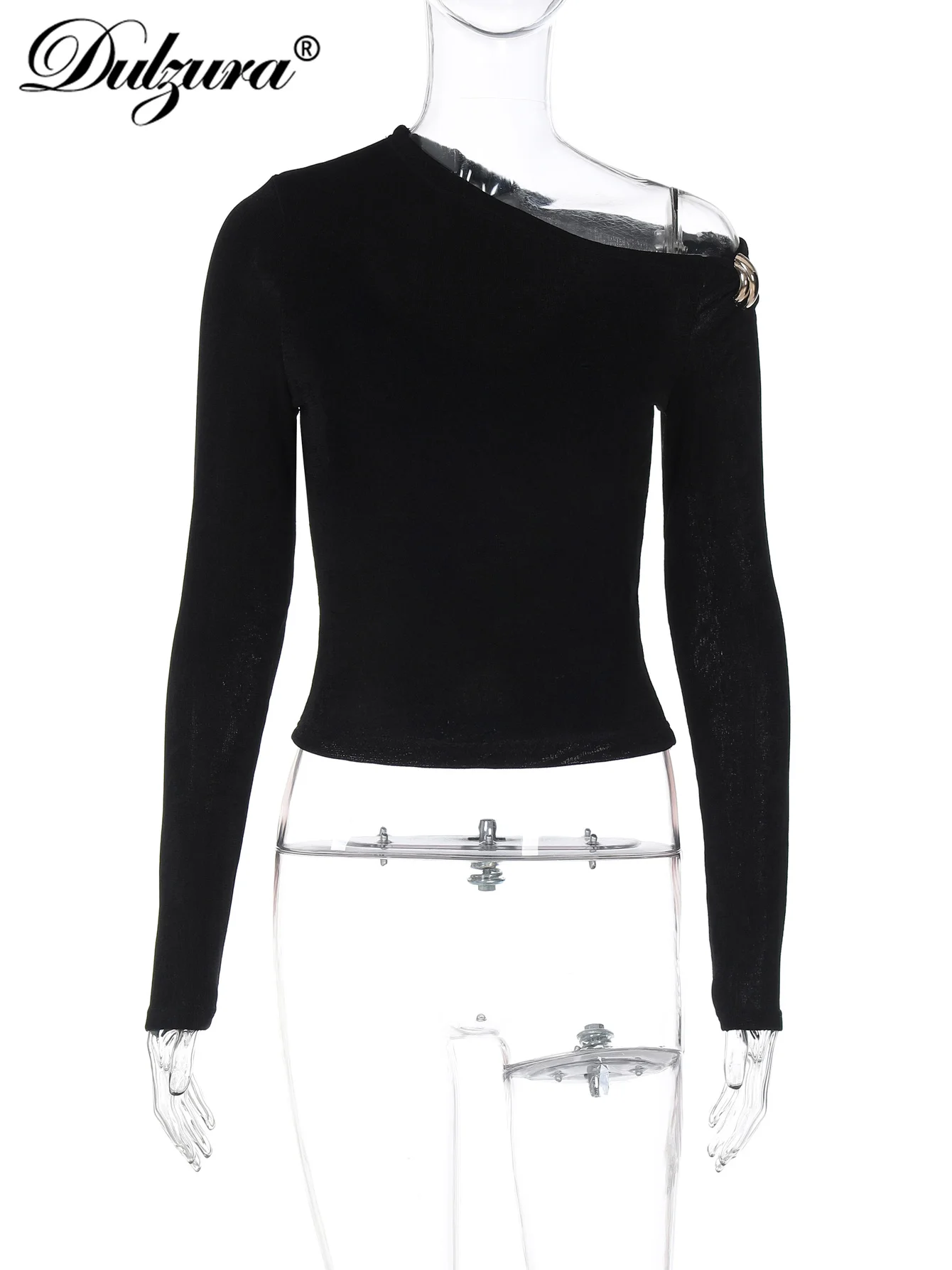 Dulzura Damska Koszulka z Asymetrycznym Kołnierzem, Długim Rękawem, Dopasowana, z Metalową Klamrą, Gładka, Codzienna, Elegancka Bluzka na Imprezę, do Klubu, na Ulicę, Letnia Odzież