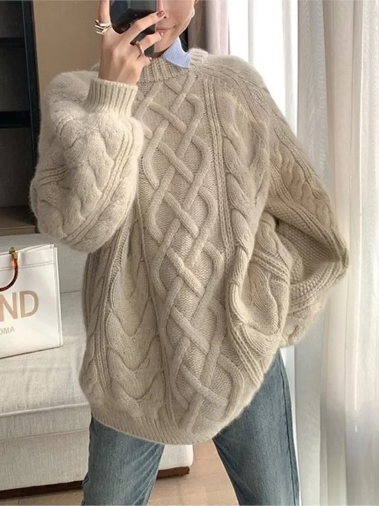 Sweater Women 2025 Fall Winter Warm Cable-knit Vintage  Korean Loose Long Sleeve O-neck Pullovers Casual All-match Knitted Tops