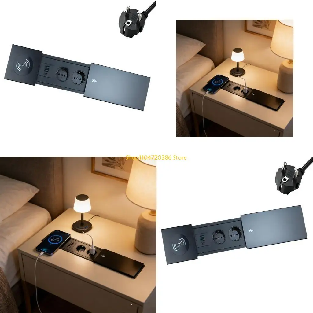

K0EA Office Kitchen Embedded Power Outlet Featuring Slide Cover 2 Socket 2 USB Port 1 Type C Aluminum ABS Build
