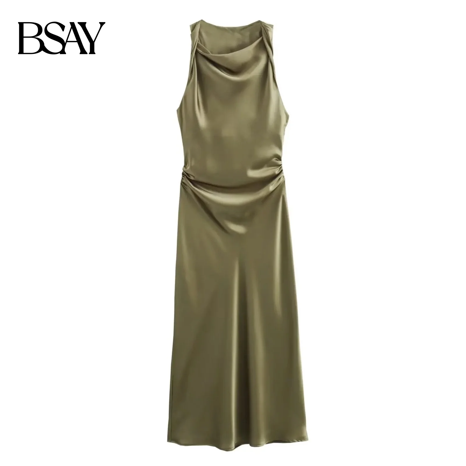 BSAY 여성 패션 여름 새로운 주름 장식 민소매 크루넥 실크 새틴 질감 조끼 롱 드레스 세련된 여성 우아한 저녁