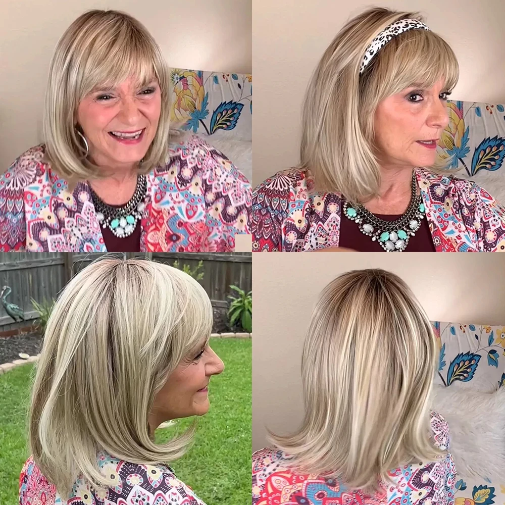 Pelucas Bob ombré rectas de color rubio ceniza con raíces oscuras hasta los hombros con flequillo de aire para mujeres peluca con malla frontal sintética resistente al calor