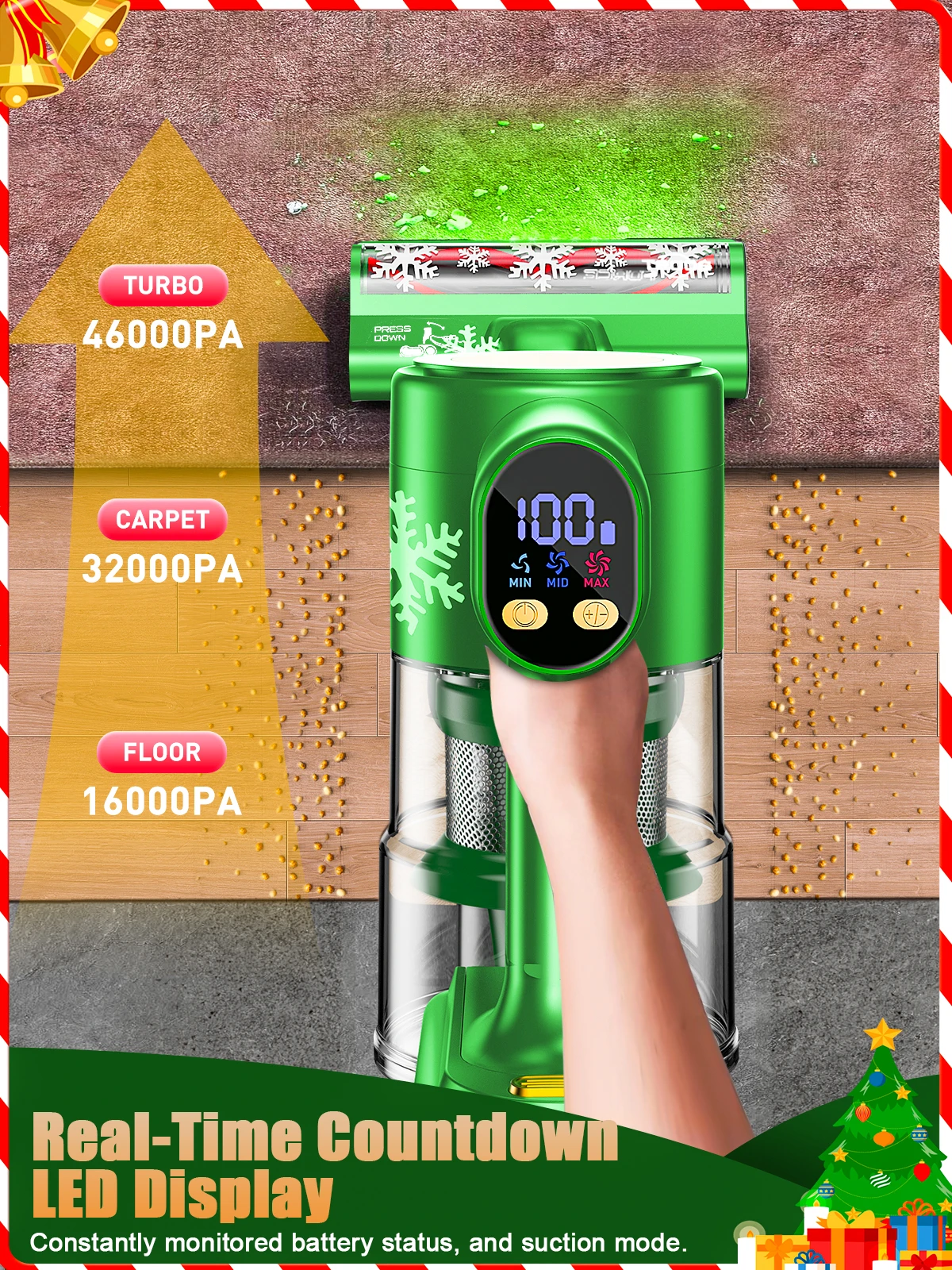 Cordless Vacuum Cleaner, 46Kpa/500W/55Mins Vacuum Cleaners for Home, Self-Standing Rechargeable Vacuum, Christmas Gifts