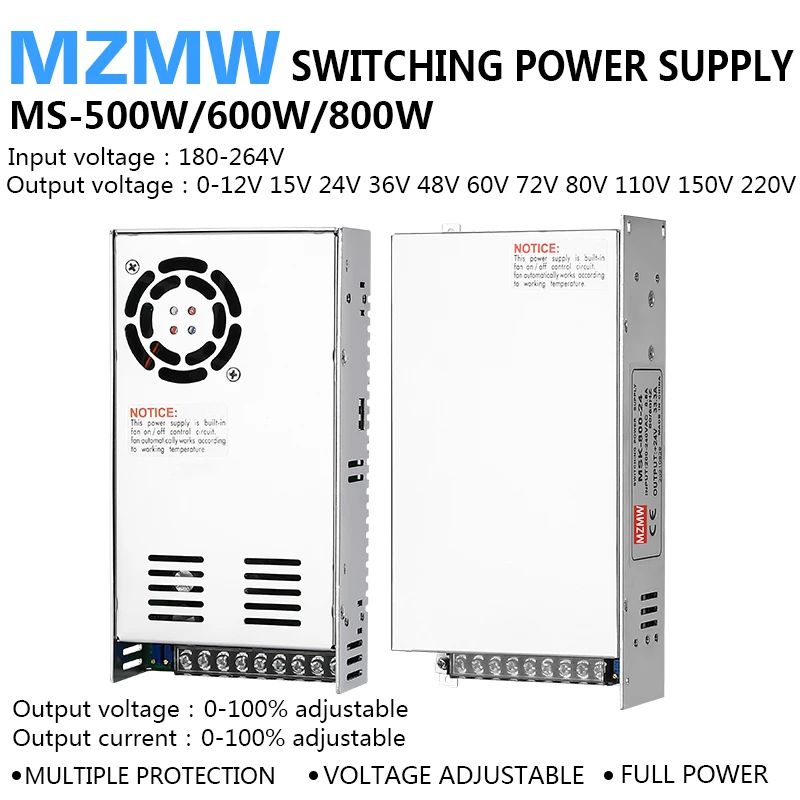 Fonte de alimentação de comutação 500w 600w 800w ms 0-12v 24v 36v 48v 60v 72v 80v 110v 150v 220v ac/dc tensão ajustável smps industrial