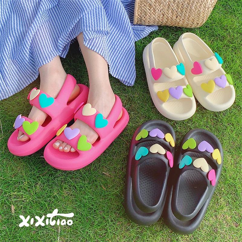 XIXITIAO Colorful Heart-Shaped Vacation Sandals For Women Summer Sweet Trendy EVA Soft Comfortable Platform Outdoor Beach Shoes