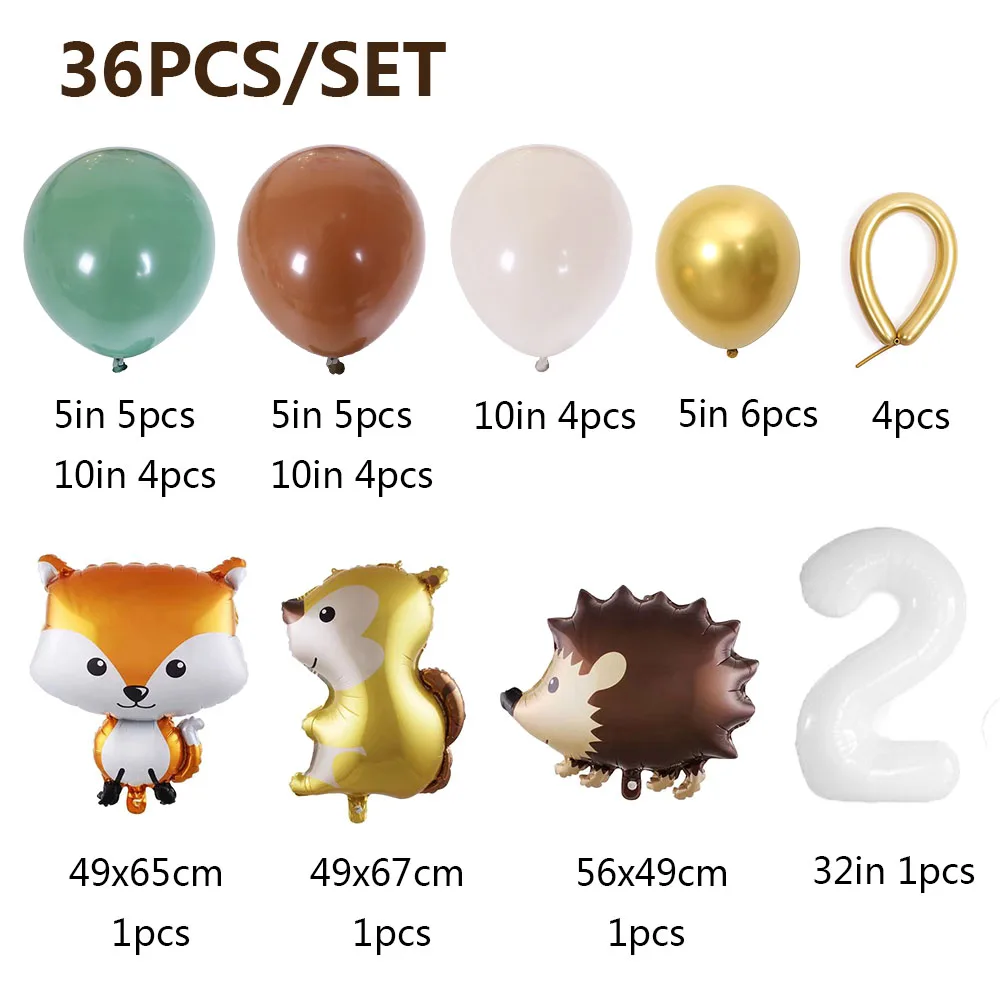 36Pcs Woodland Animals Balloons Set Fox Hedgehog Squirrel Foil Balloon Forest Theme Party Decor Retro Brown Latex Baby Shower