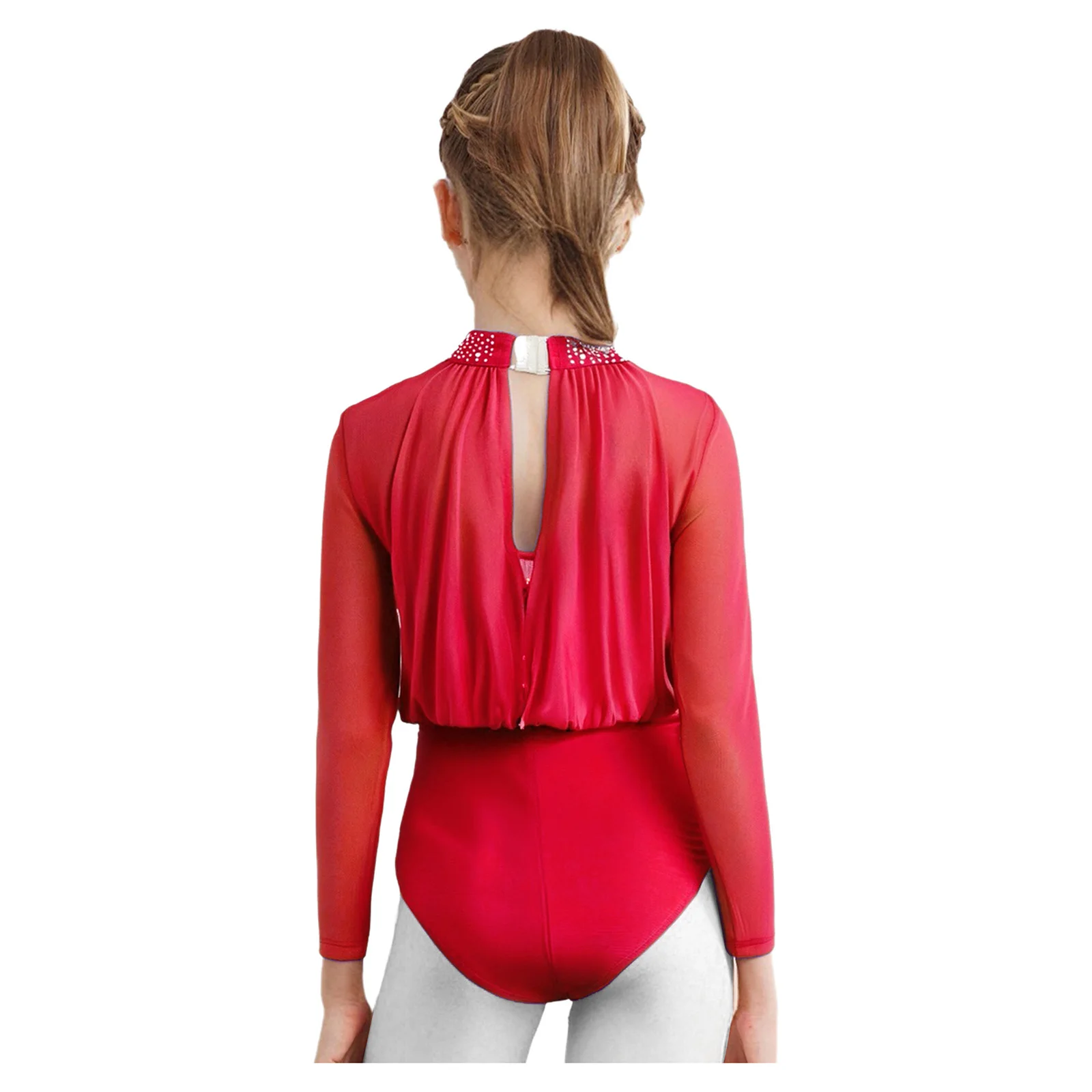 Kids Girls Gymnastics Ballet Jersey Latin Dance Leotard Jumpsuit Sheer Mesh Metallic Stripe Buttons Bodysuit Performance Costume