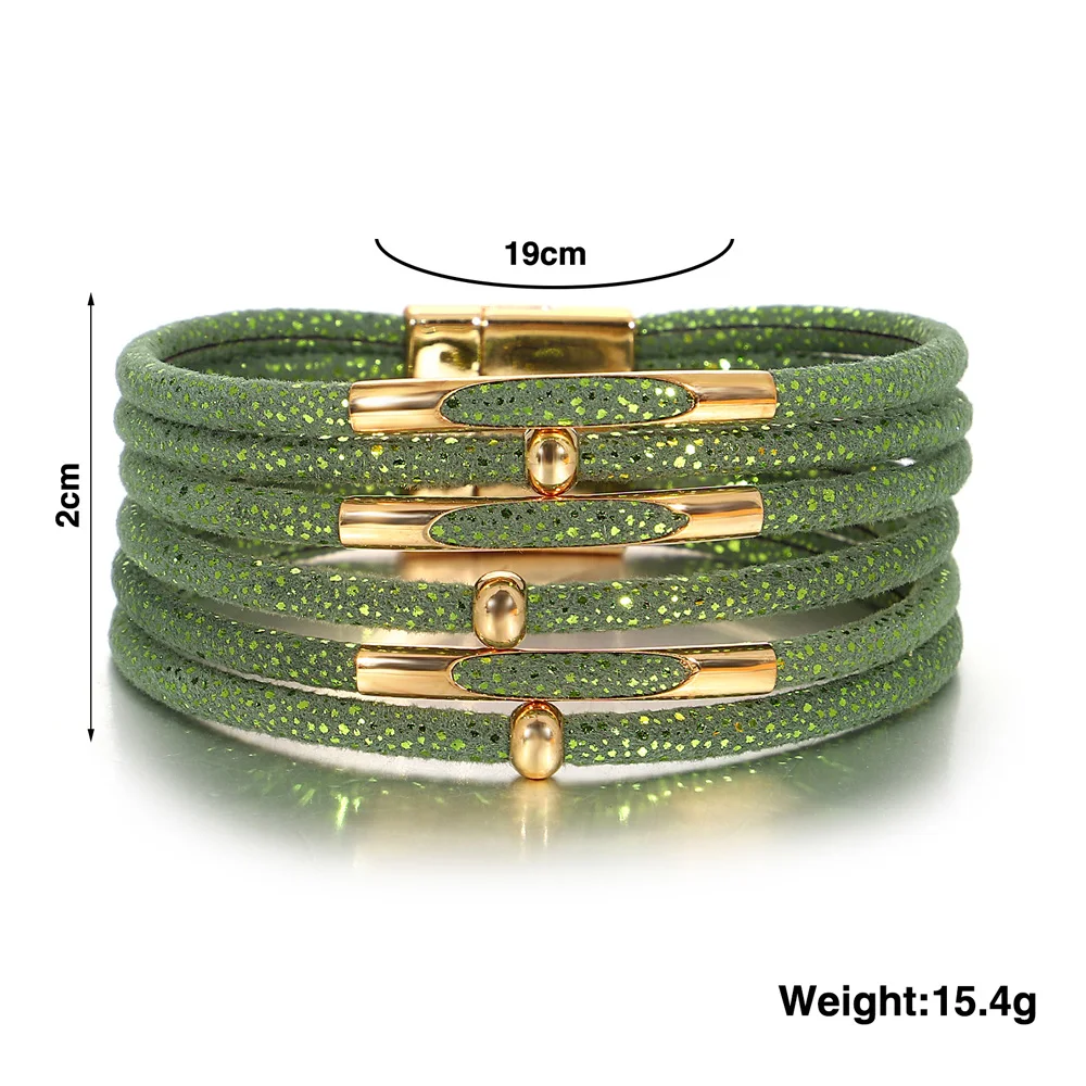 ALLYES Fashion Metal Tube Sequins Leather Bracelet for Women Shiny Boho Multilayer Wrap Wide Bracelets Party Christmas Jewelry