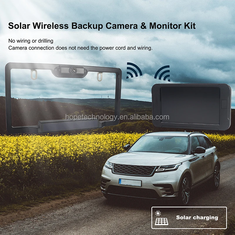 DIY 2,4 GHz Digital inalámbrico marco para matrícula sistema de cámara de respaldo Monitor de visión trasera de 5 pulgadas con energía Solar integrada