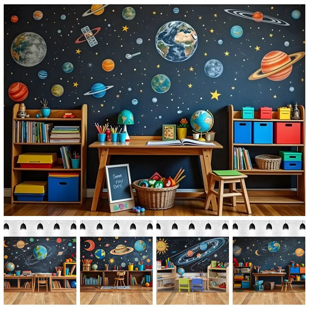 Children Back to School Backdrop Classroom Book Pencil Blackboard Universe Planets Kids Portrait Birthday Party Photo Background