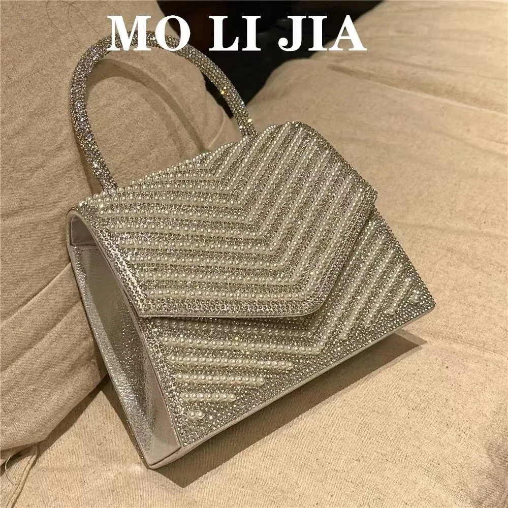 Women's Handbag Pearl Beaded Fashion Square Bag Glitter Shiny Diamonds Evening Bag Wedding Party Clutch Purse Crossbody Bag