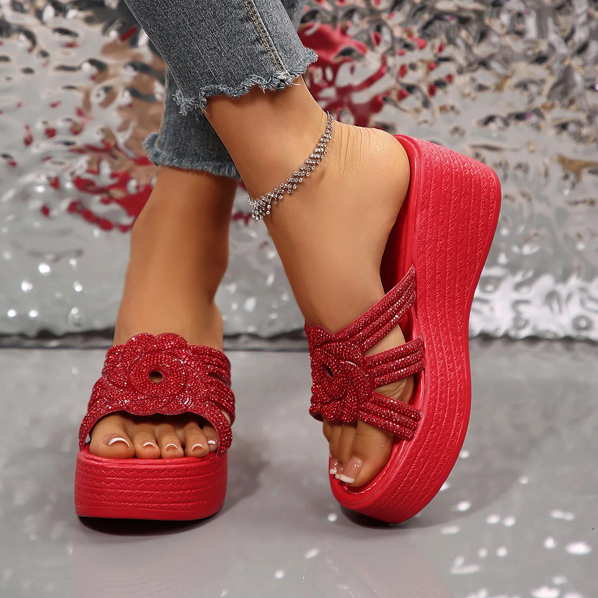 

Red Plus Size Shoes for Women 35-43 Summer Slip on Round Toe Platform Wedge Non-slip Fashion Slippers Casual Beach Sandals