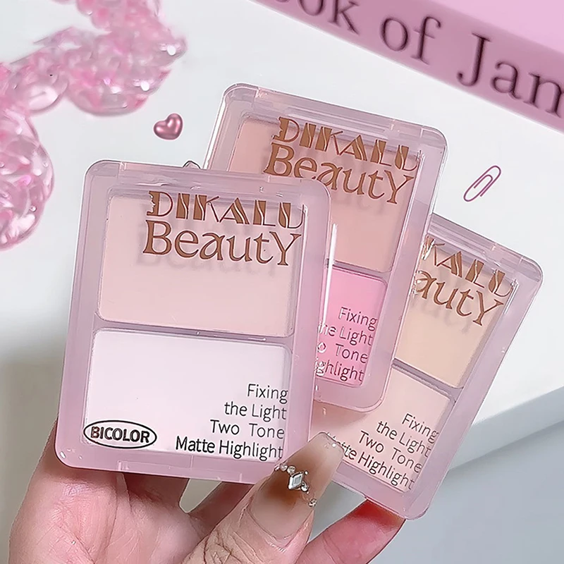 Hot DIKALU Two-tone Highlight Contour Palette Matte White Highlighter Grey Brown Nose Shadow Face Bronzer Brighten Powder Makeup