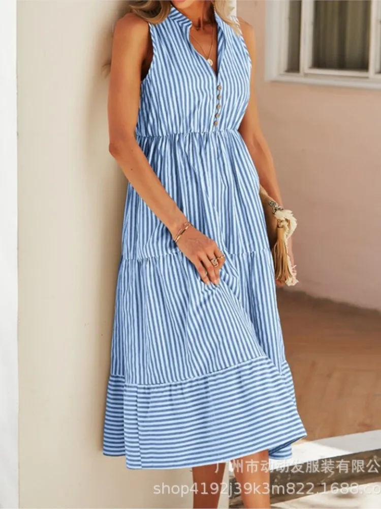 فستان قميص مخطط جديد للصيف للنساء بدون أكمام ورقبة على شكل حرف v فساتين طويلة أزرار غير رسمية على شكل حرف a فساتين عطلة الشاطئ ملابس نسائية