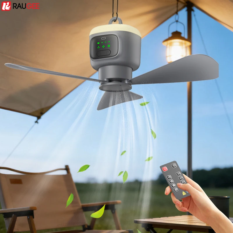 Deckenventilator, 12000 mAh, kabellos, tragbar, für Campingzelte, wiederaufladbarer Deckenventilator mit Beleuchtung und Fernbedienung