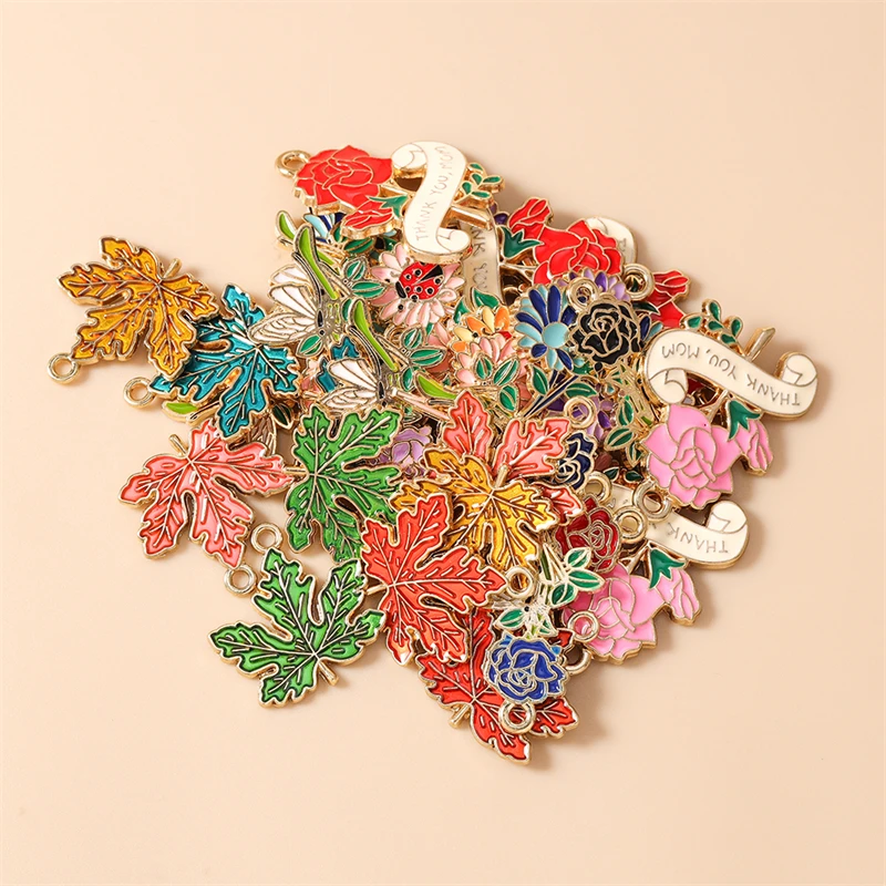 20 Stück Niedliche Bunte Emaille-Pflanzen- und Blumenanhänger für Schmuckherstellung, Halsketten, Ohrringe, Armbänder, DIY-Bastelzubehör – Detail 4