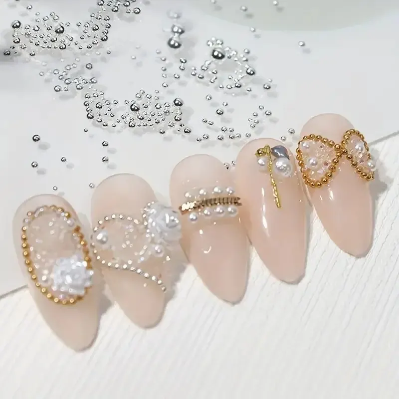 6 rejillas de cuentas de oro y plata, gemas redondas, decoraciones DIY, Mini bola, dijes para uñas, suministros de joyería para accesorios de decoración de uñas