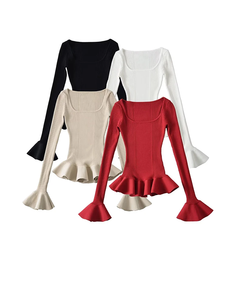 

Women Rib Knitted Flare Sleeve Sweaters Solid Color Stretchy Slim Ruffles Hem Pullovers