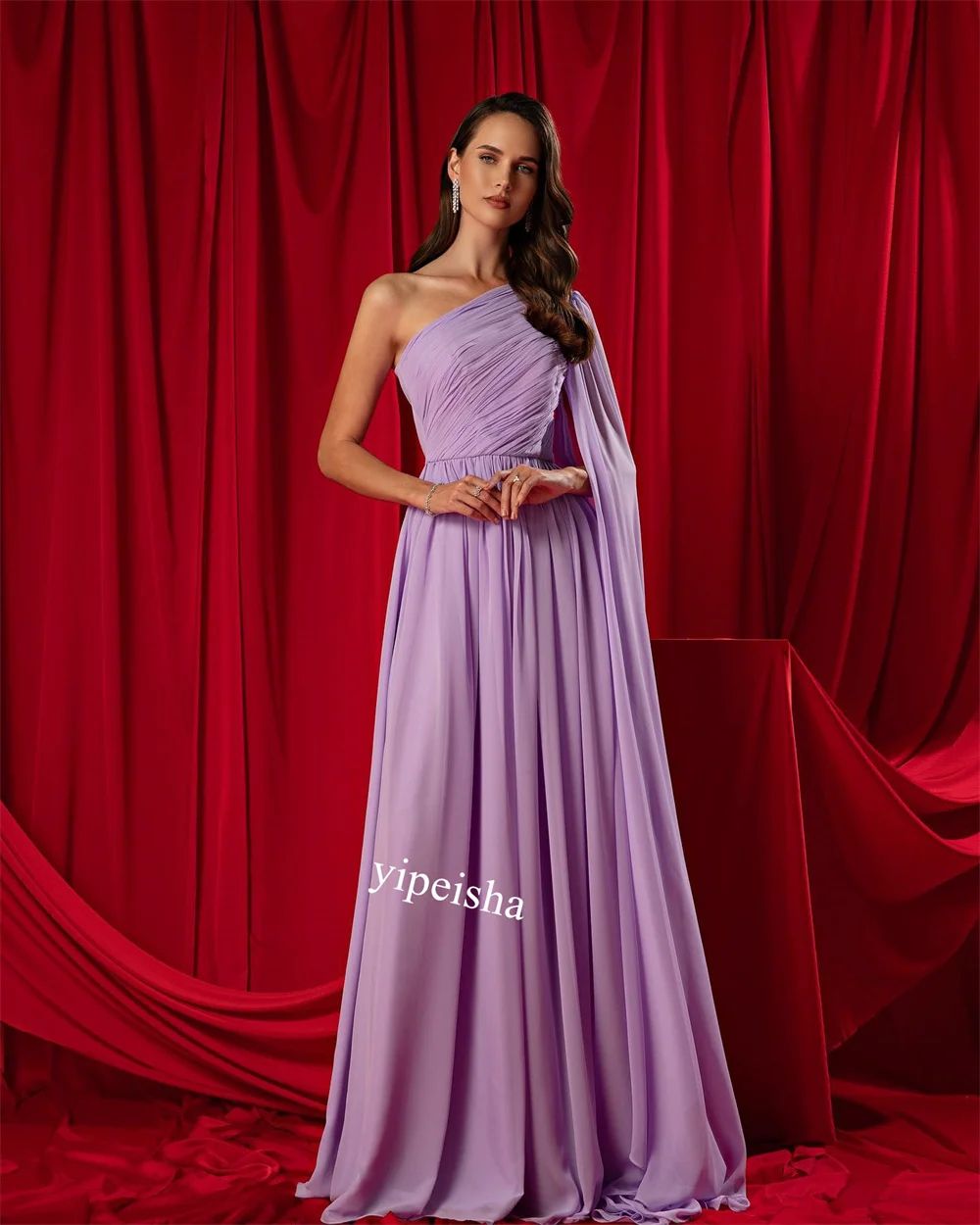  Chiffon Ruched Celebrity A-line One-shoulder Bespoke Occasion Gown Long Dresses Saudi Arabia 