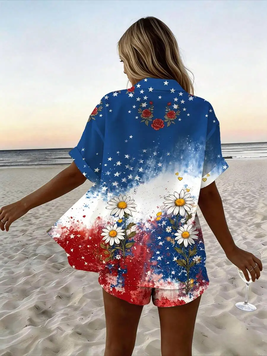 

Women Summer Short Sleeve Shirt And Shorts Set Patriotic Daisy Rose Print Beach Vacation Casual Outfit