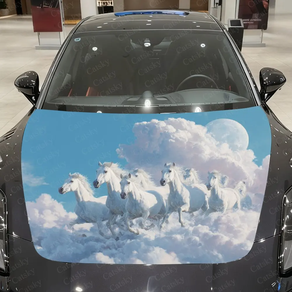 

Seven Running White Horses Car Cover Stickers-Car Aesthetic Design, Durable Vinyl Film, Scratch Resistant Protective Film, Suita
