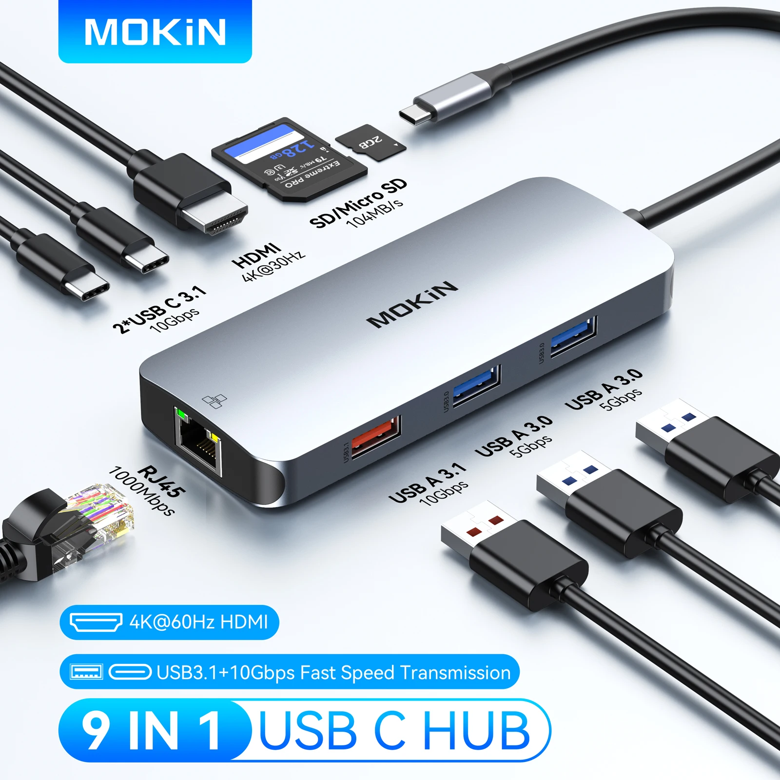 

MOKiN USB Hub Adapter Type C to HDMI 4K@60Hz USB-C 3.0 USB-A 3.1 RJ45 SD/TF Card Reader for MacBook Air/Pro iPad USB Splitter