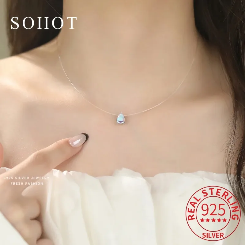 

Real 925 Sterling Silver Opal Pendant Fishing Line Choker Necklace for Women Trendy Fine Jewelry Minimalist Accessories