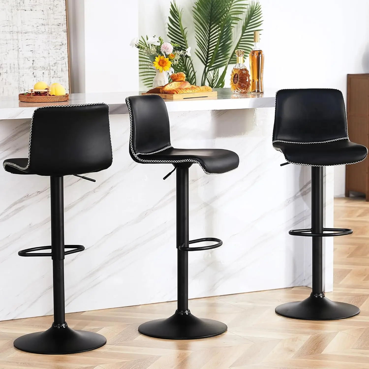 Swivel Bar Stools Set, ajustável preto falso couro Bar Stools, 24 "a 32", preto conjunto de 2