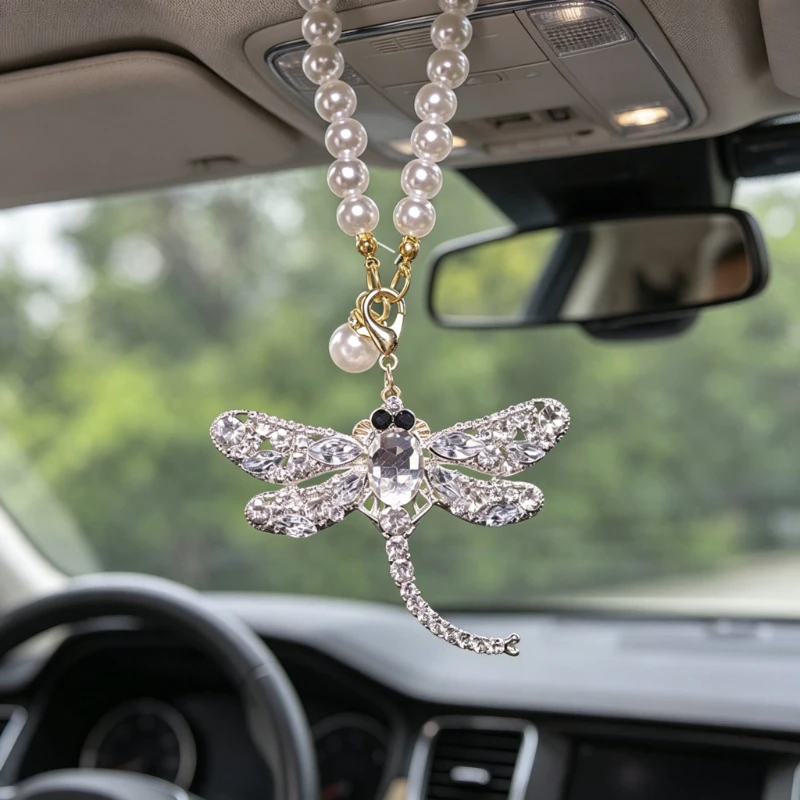 1pc New shiny diamond dragonfly car pendant with large dragonfly shaped rearview mirror pendant for interior decoration